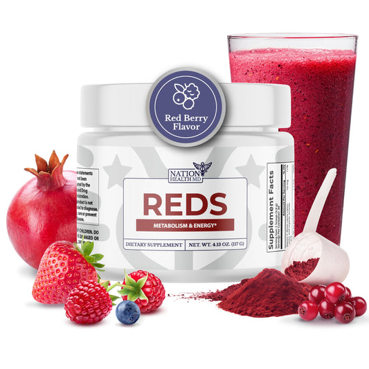 Nation Health MD Reds Powder bottle showing antioxidant-rich blend for daily wellness.