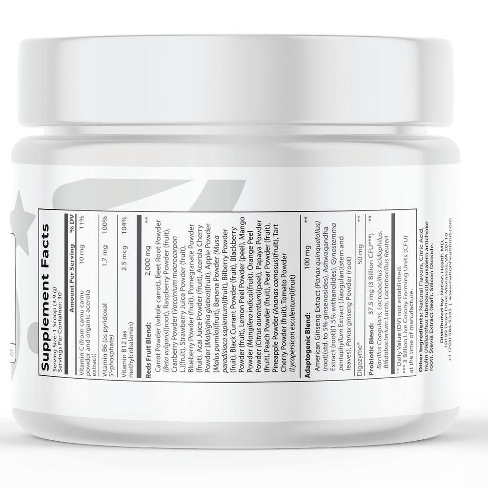 Nation Health MD Reds Powder scoop measures servings for easy daily nutrition.
