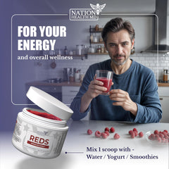 Nation Health MD Reds Powder vegan and gluten-free formulation.