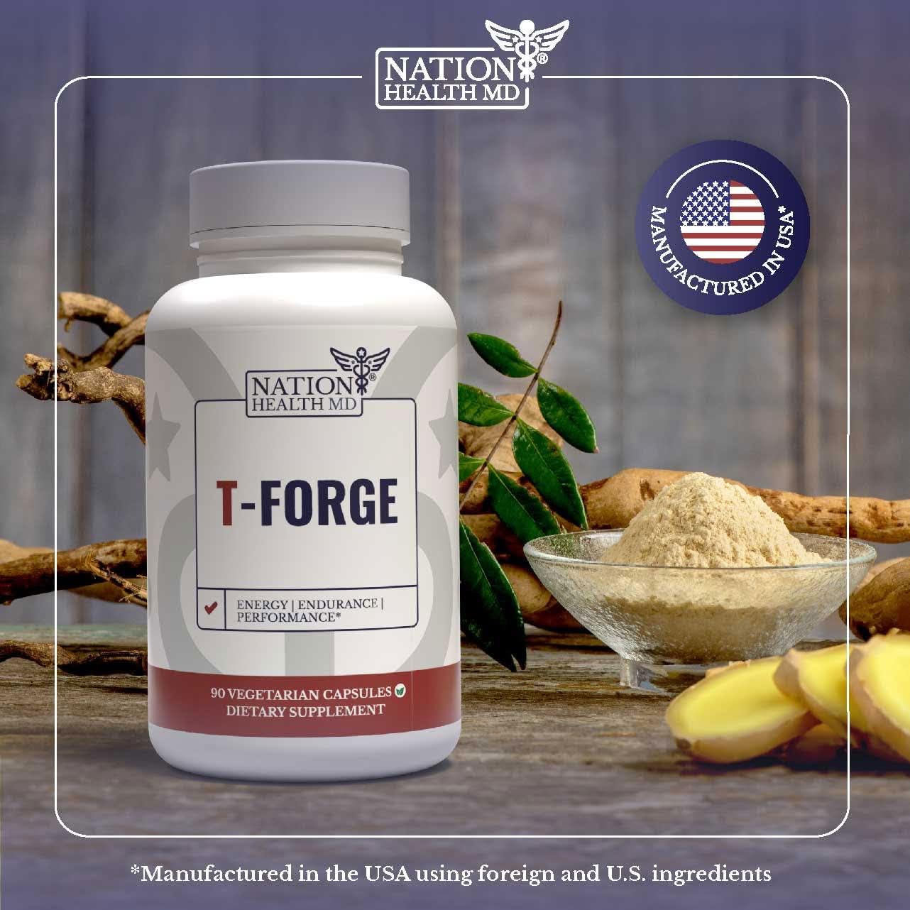 NATION HEALTH MD T-Forge bottle with capsules on a clean countertop.