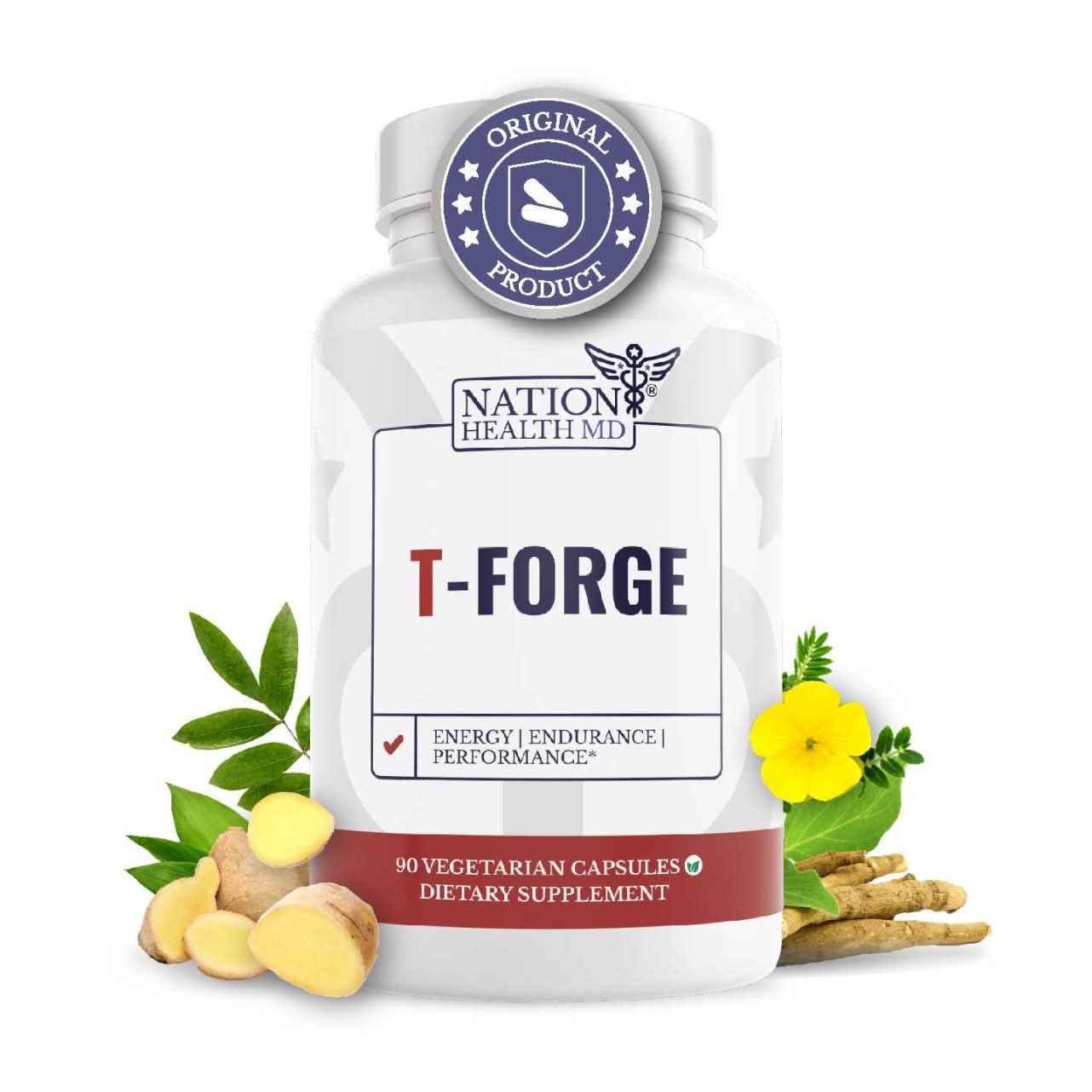 NATION HEALTH MD T-Forge energy capsules on bottle for daily vitality.