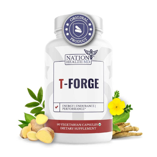 NATION HEALTH MD T-Forge energy capsules on bottle for daily vitality.