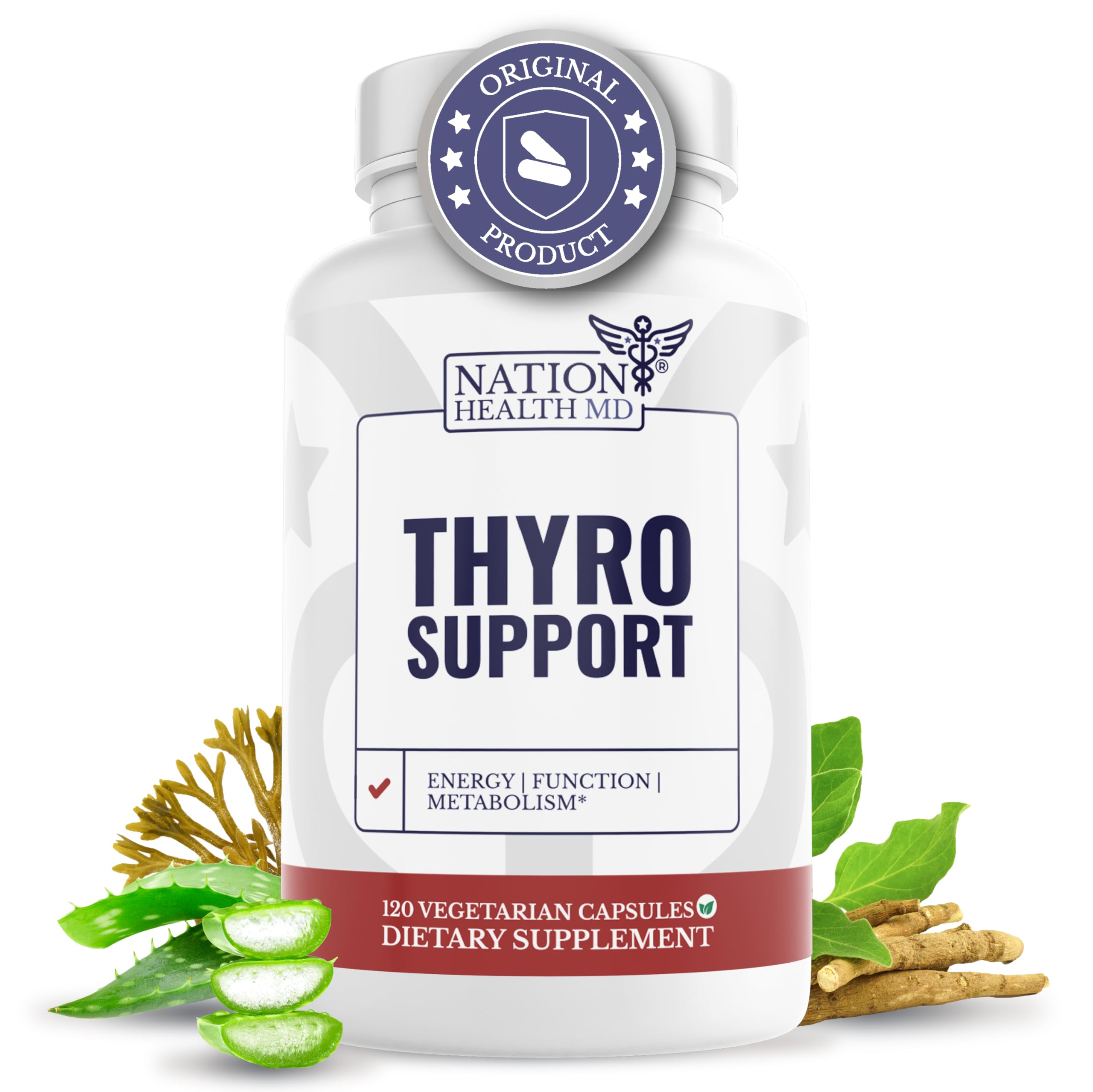Nation Health MD Thyro Support bottle with easy-to-swallow capsules for daily thyroid wellness.