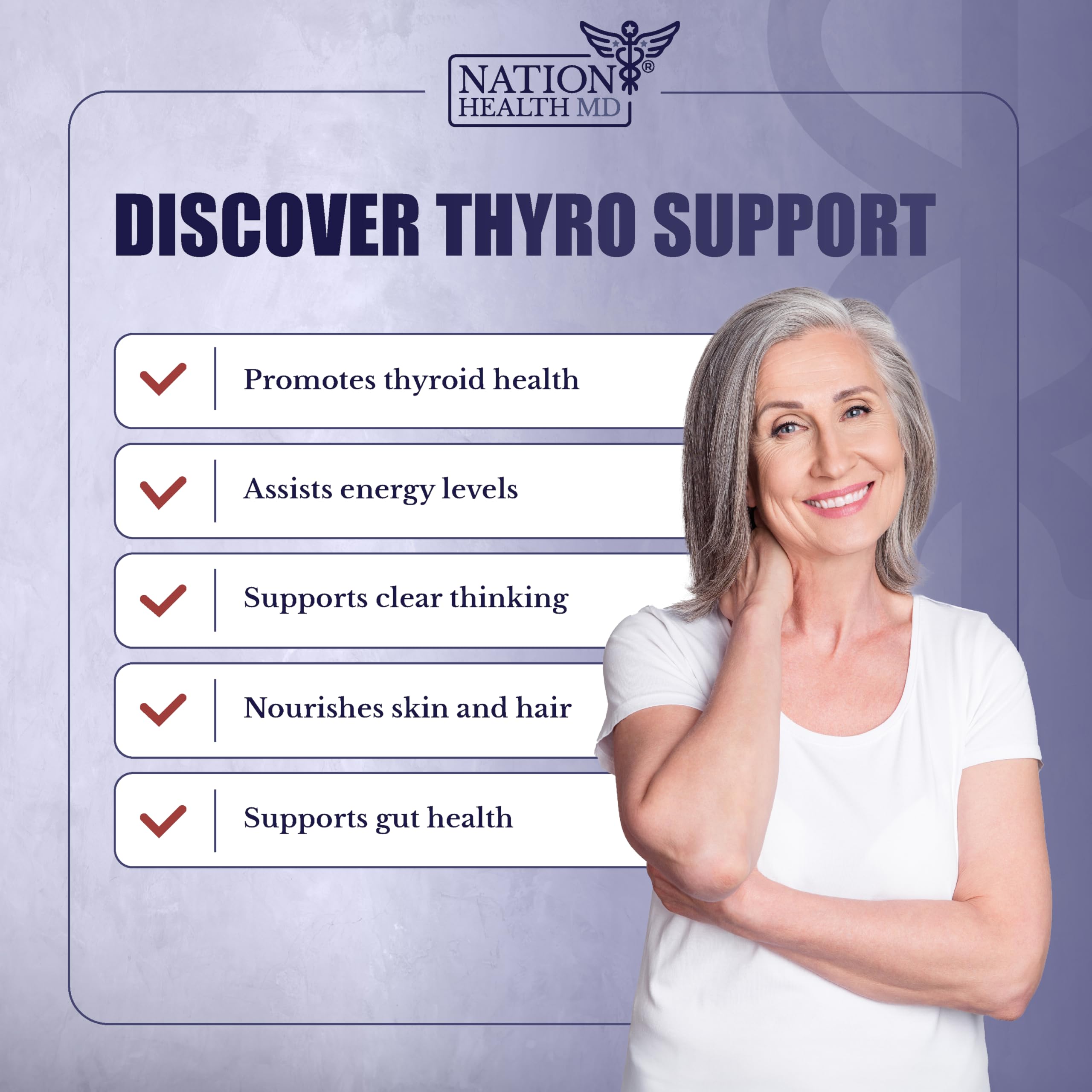 Label of Nation Health MD Thyro Support highlighting key ingredients and dosage details.