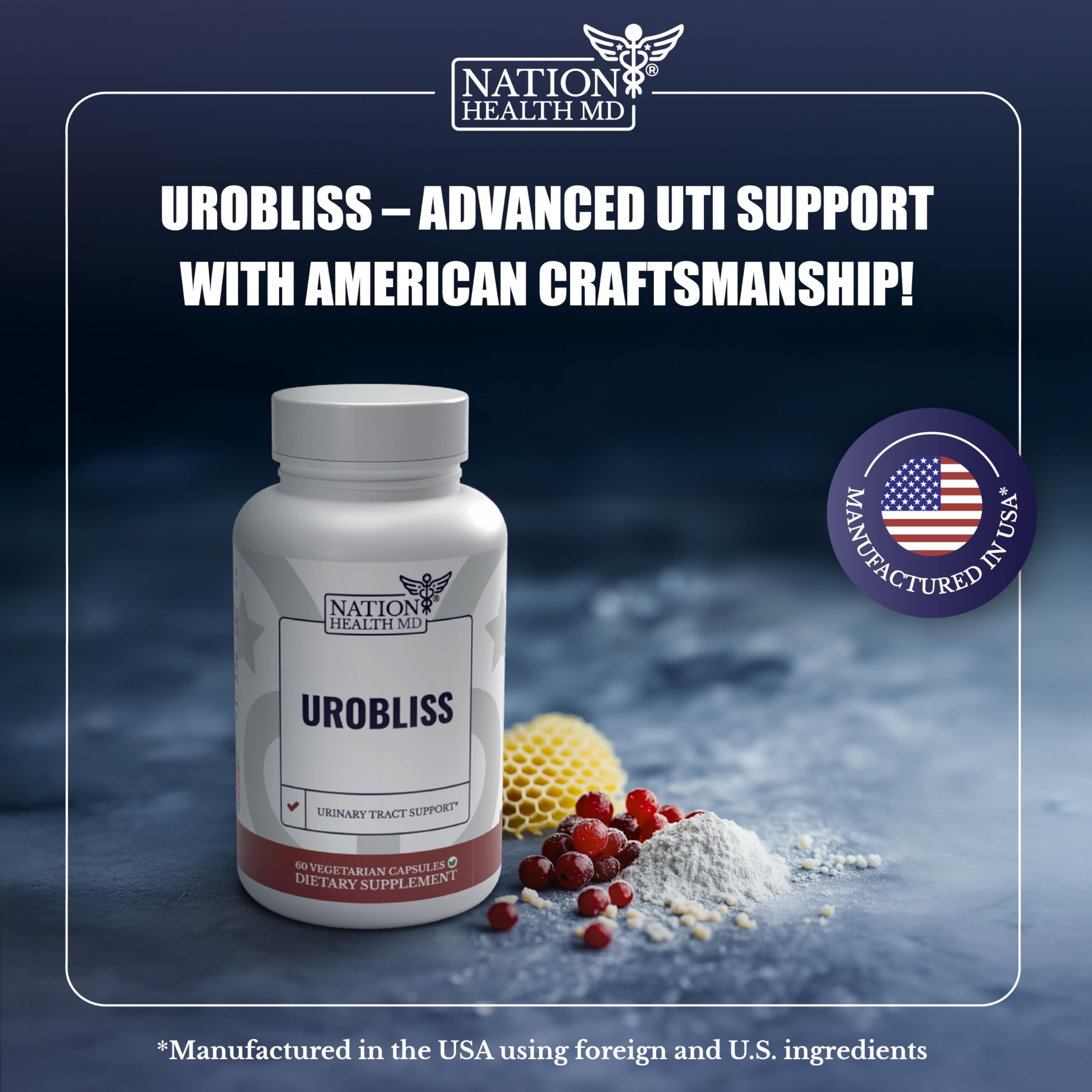 NATION HEALTH MD UroBliss D-Mannose and cranberry ingredients support urinary wellness.
