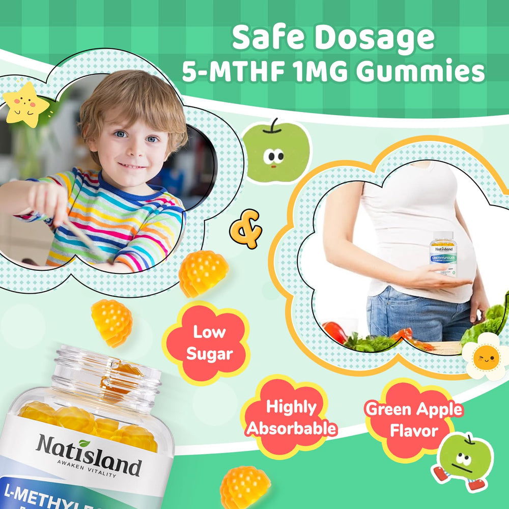 NATISLAND L-Methylfolate Gummies ingredient label highlighting gluten-free and allergen-free formula.