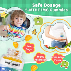 NATISLAND L-Methylfolate Gummies ingredient label highlighting gluten-free and allergen-free formula.