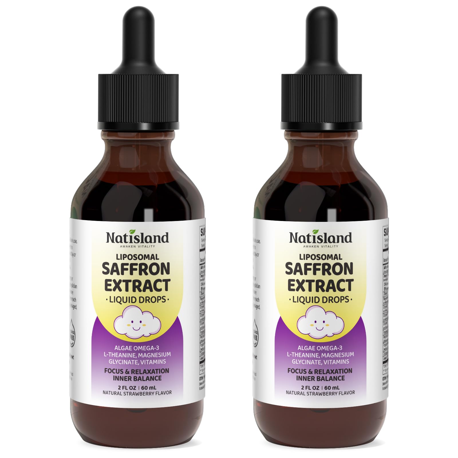 NATISLAND Liposomal Saffron Drops for Kids bottle close-up highlighting a kid-friendly focus support