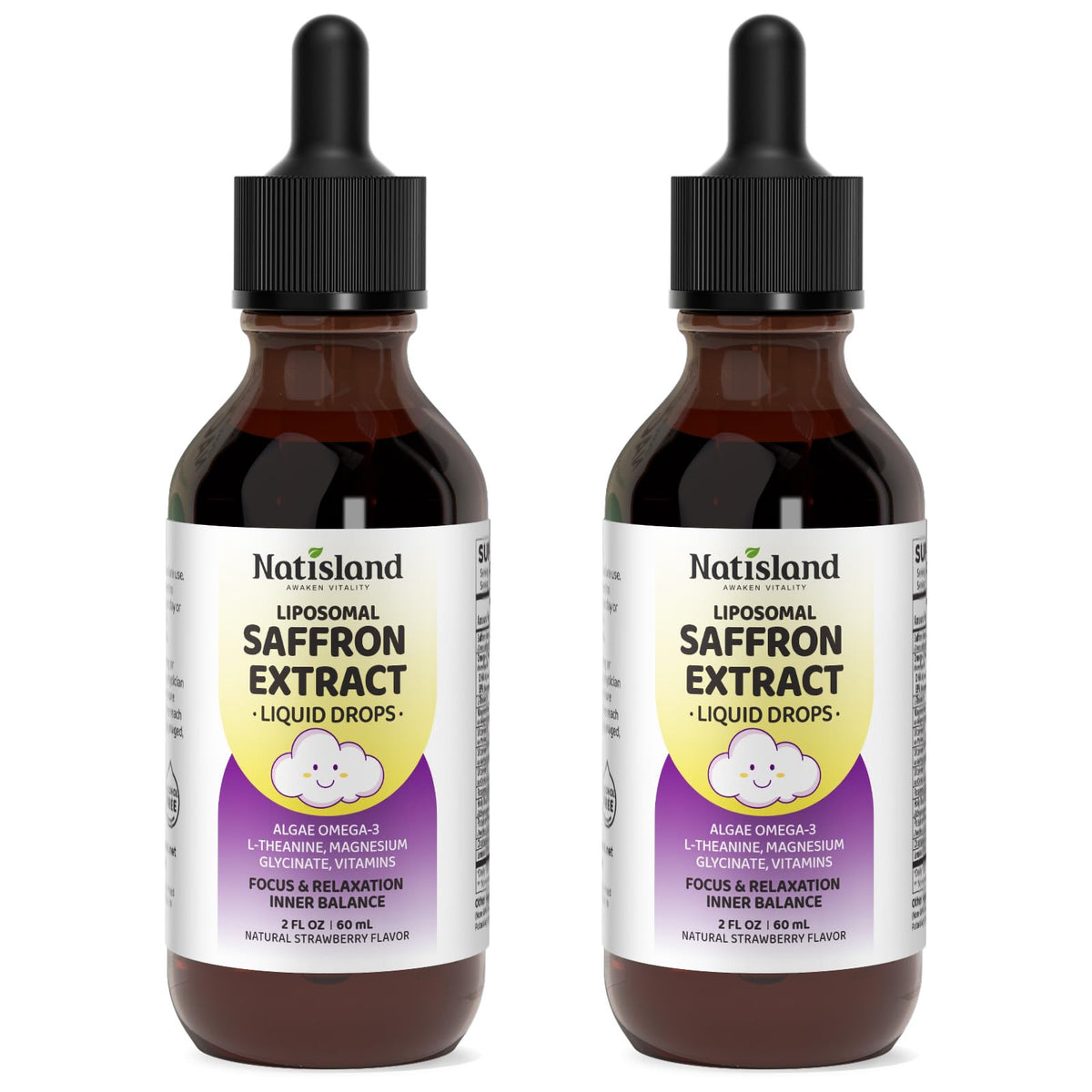 NATISLAND Liposomal Saffron Drops for Kids bottle close-up highlighting a kid-friendly focus support