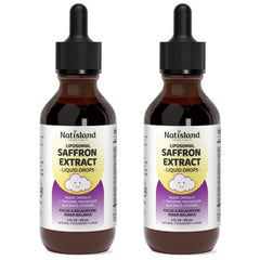 NATISLAND Liposomal Saffron Drops for Kids bottle close-up highlighting a kid-friendly focus support