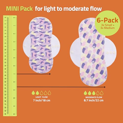 Natissy six-pack pads in small and medium sizes for all-day light-flow protection