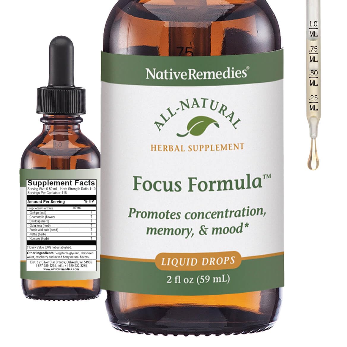 Native Remedies Focus Formula bottle pour for easy drop dosing and on-the-go focus support