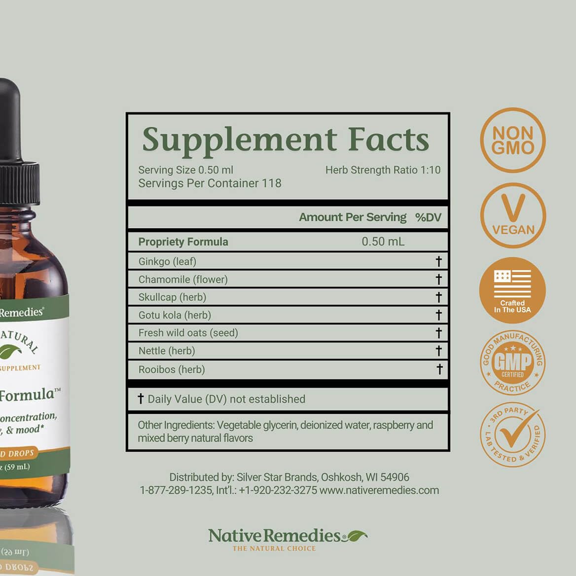 Native Remedies Focus Formula ingredients array showcasing natural components behind focus support