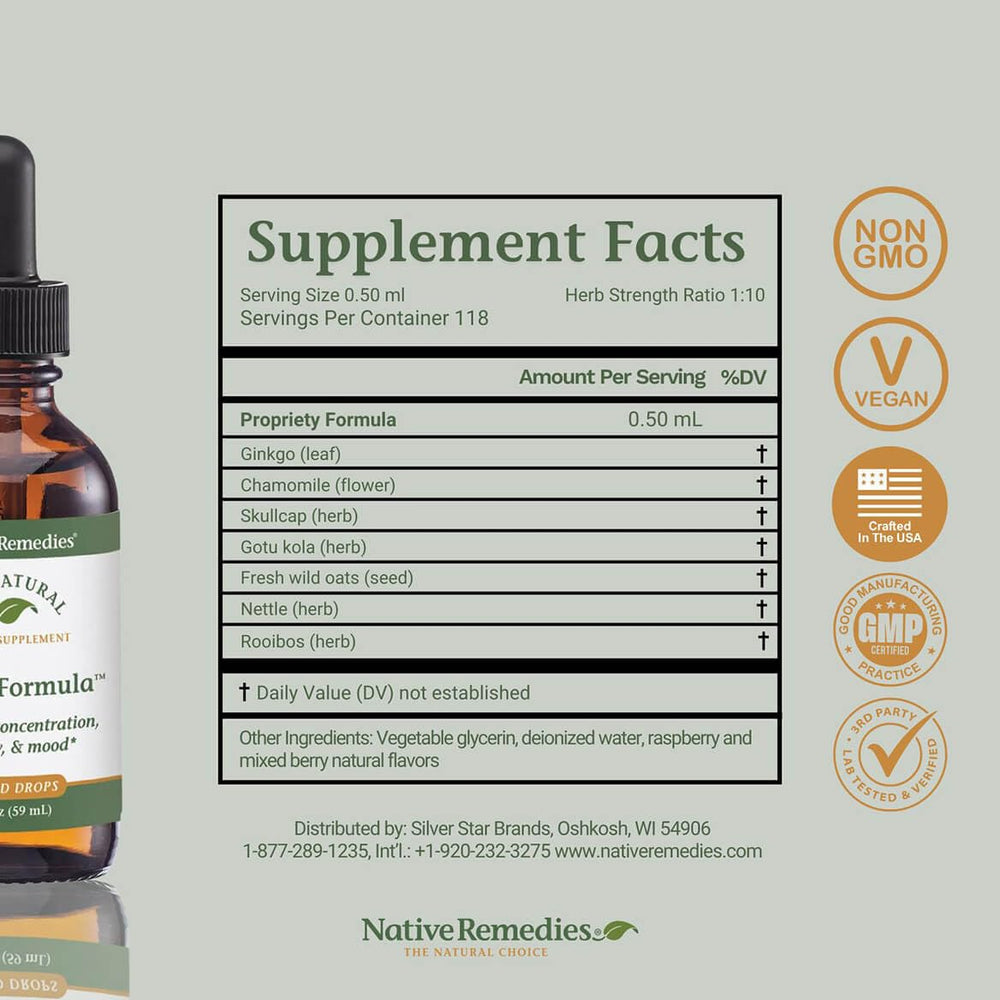 Native Remedies Focus Formula ingredients array showcasing natural components behind focus support