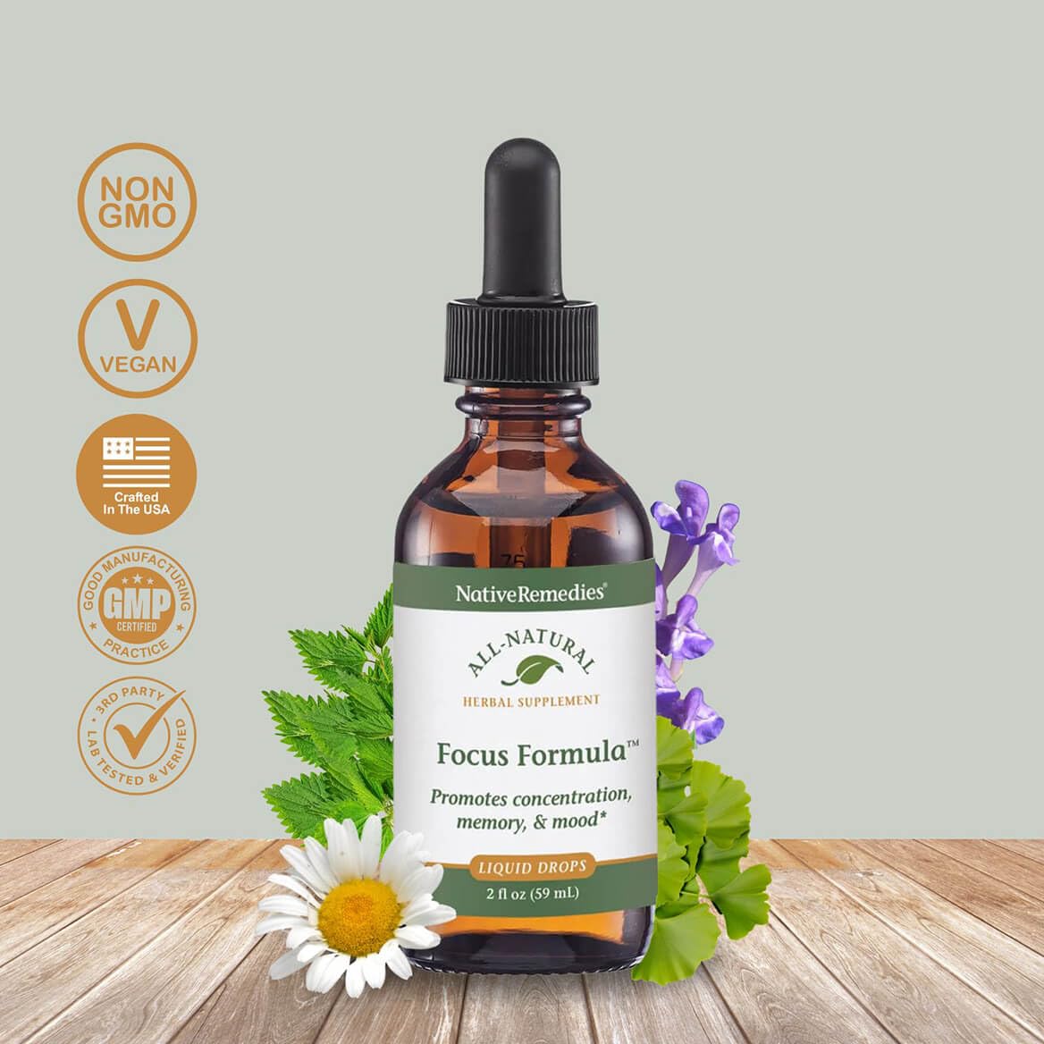 Native Remedies Focus Formula label closeup highlighting natural ingredients for focus