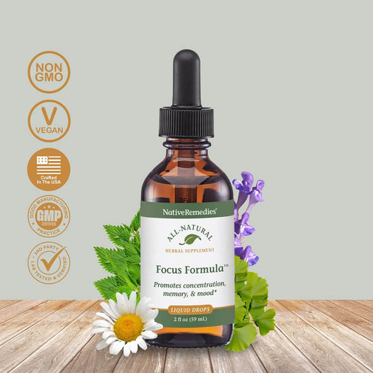 Native Remedies Focus Formula label closeup highlighting natural ingredients for focus