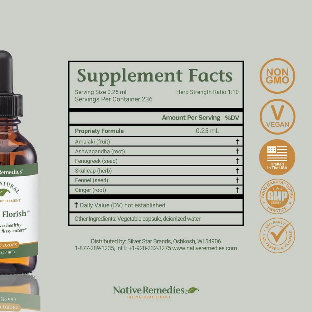 Native Remedies Kiddie Florish dosage table helps parents measure servings.
