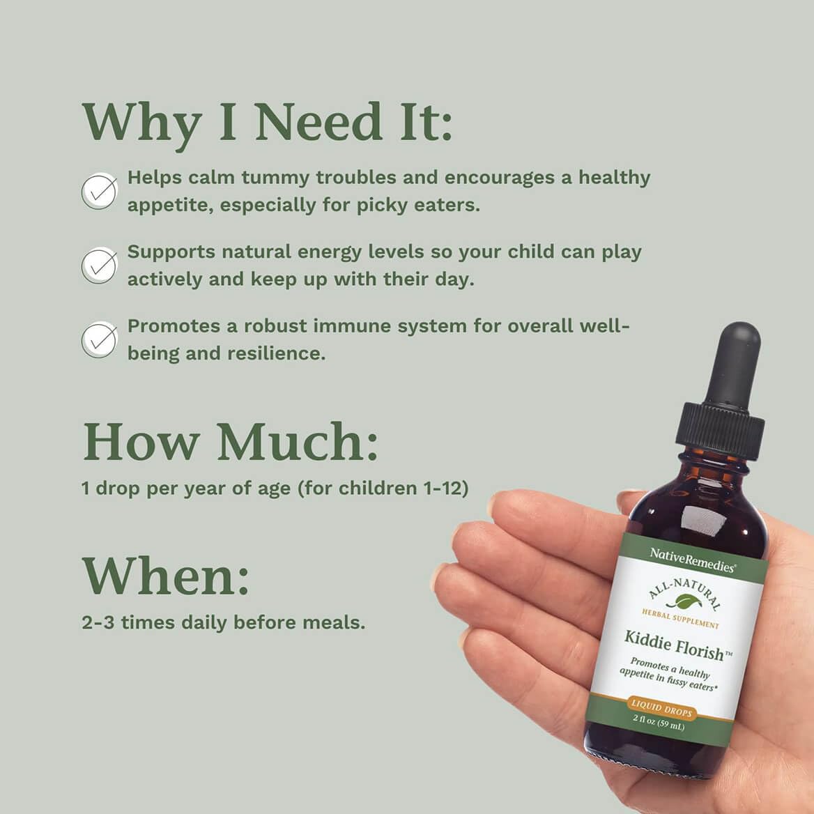 Native Remedies Kiddie Florish ingredients display highlights herbal blend quality.