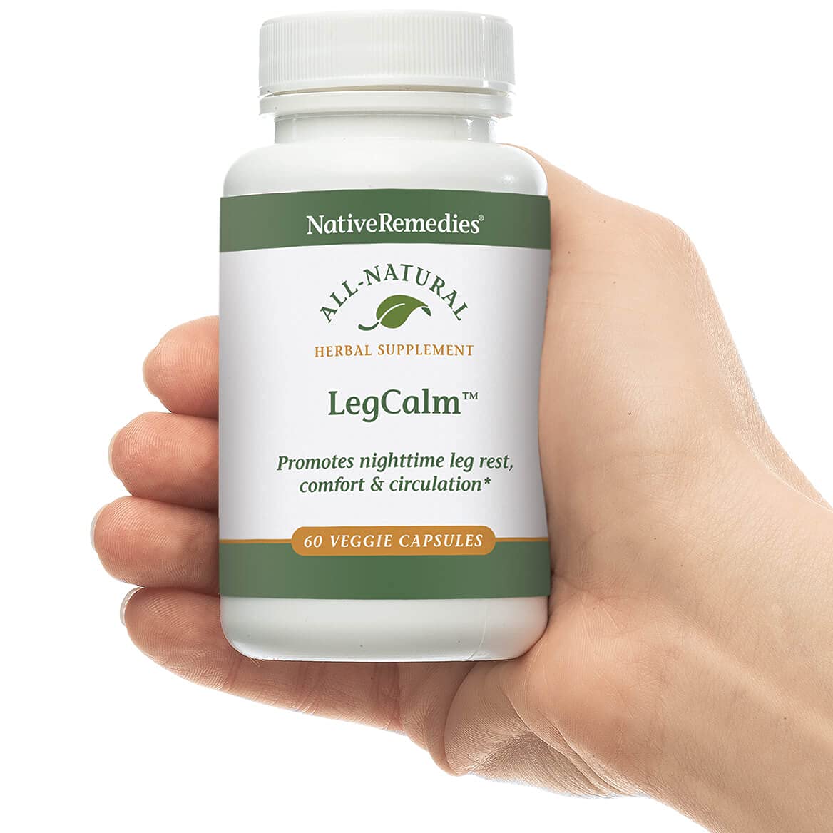 LegCalm label design showing dosage details.