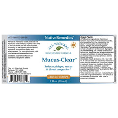 Native Remedies Mucus-Clear ingredients list with natural, HPUS-listed components.