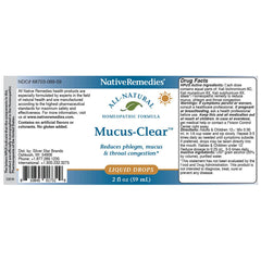 Native Remedies Mucus-Clear ingredients highlight natural homeopathic substances.