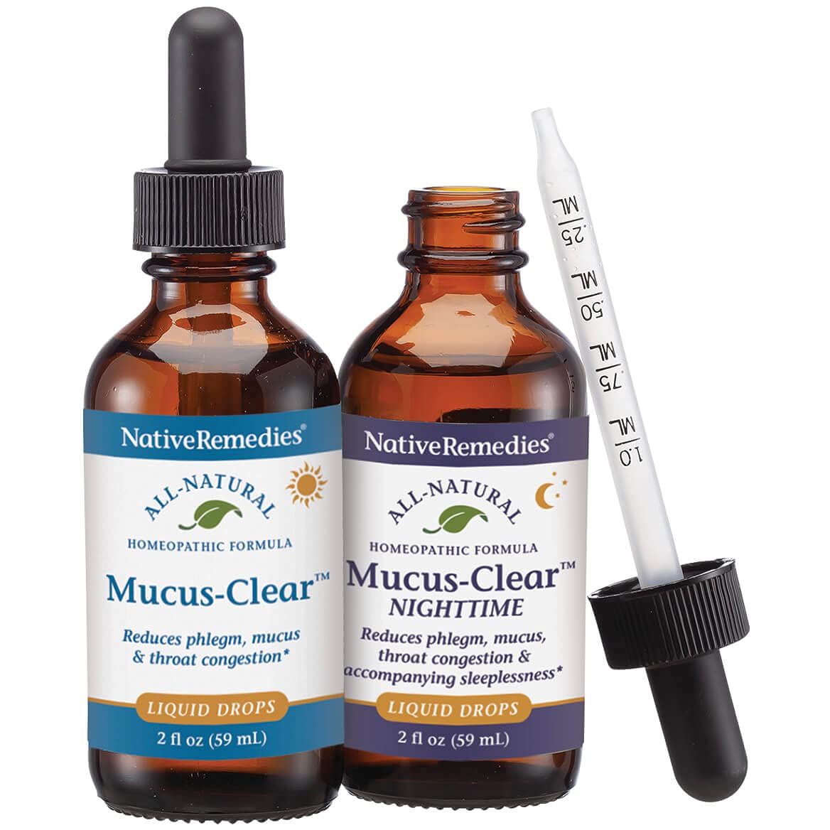 Native Remedies Mucus-Clear Nighttime bottle offers safe overnight mucus relief.