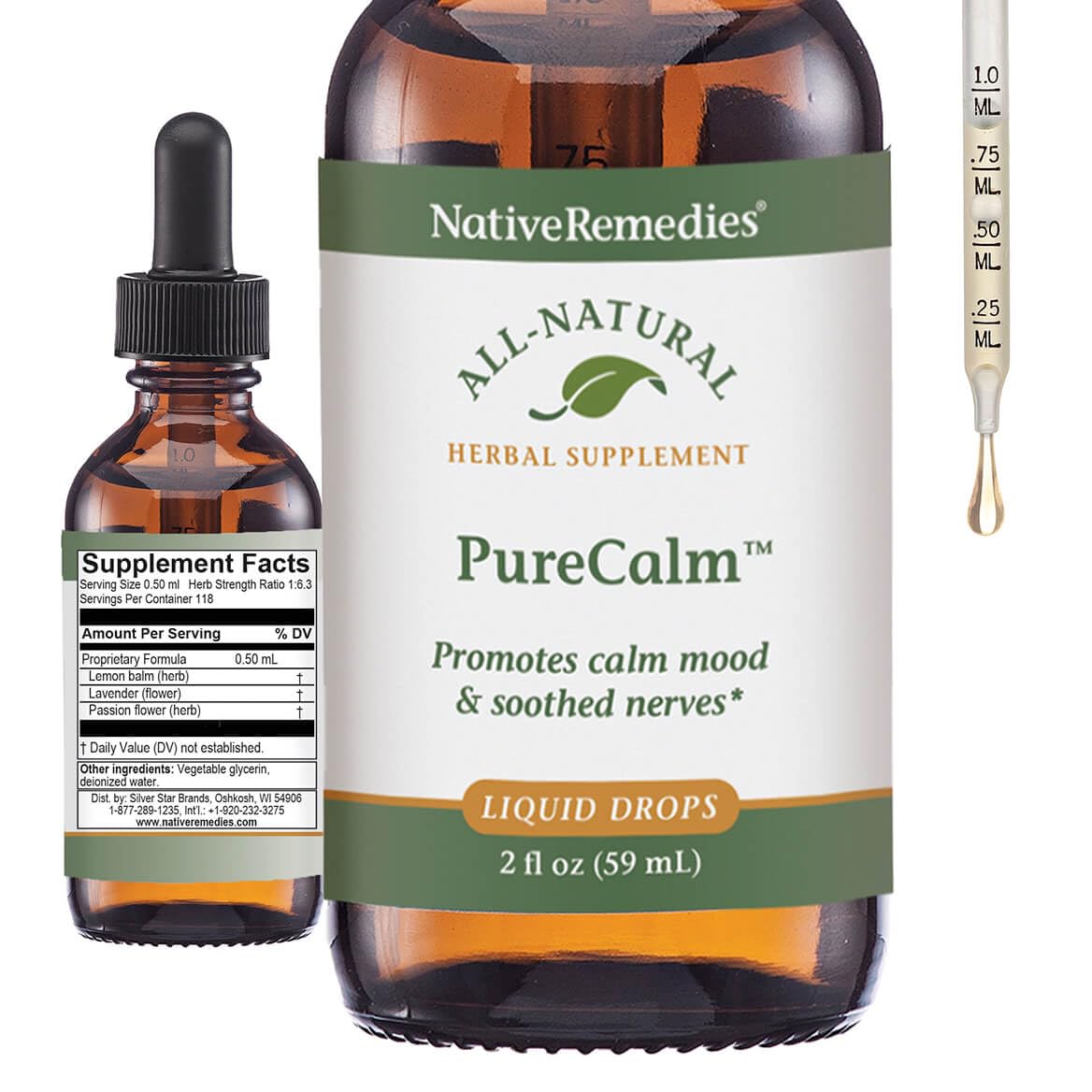 Native Remedies PureCalm bottle with drops supports natural calm during stress.