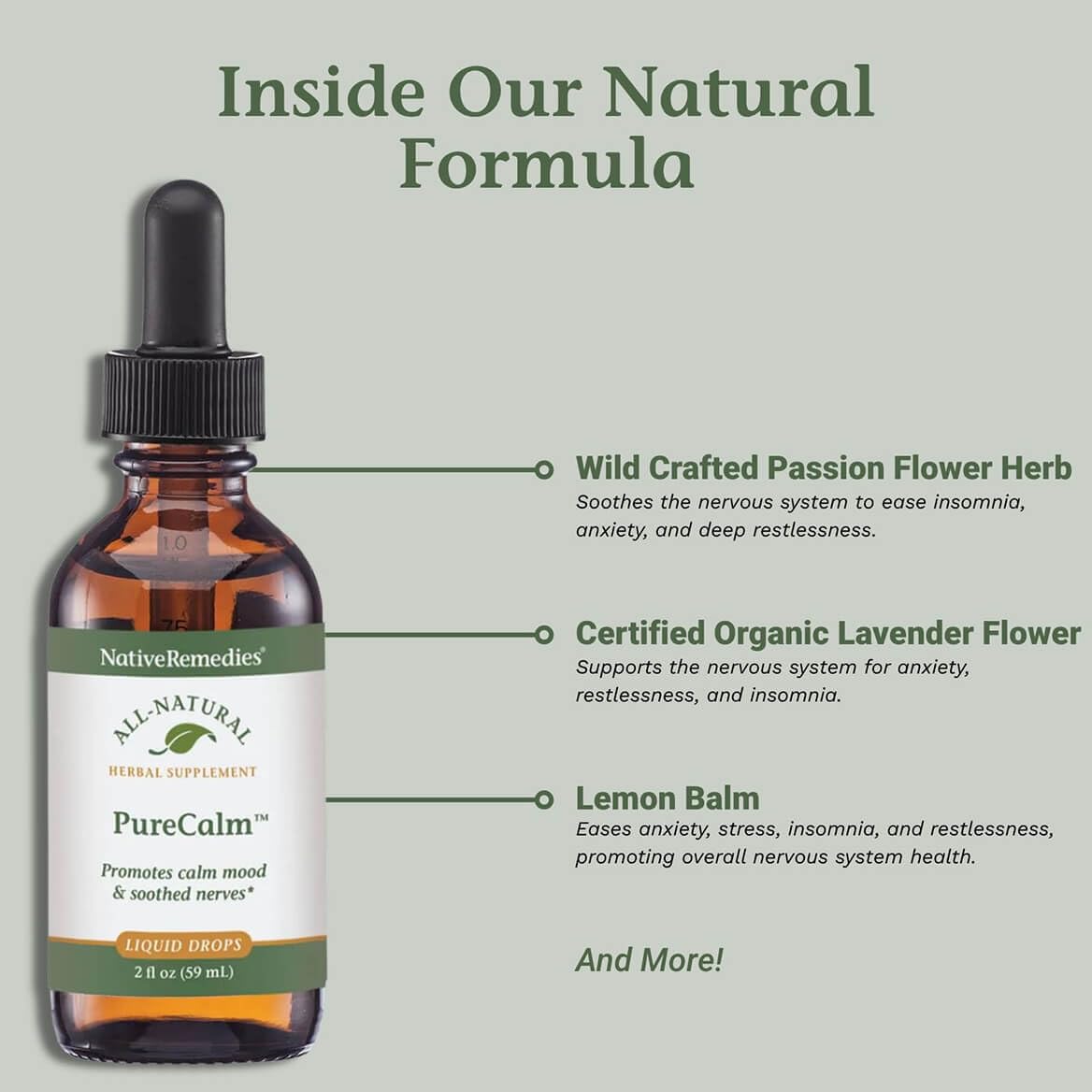 Native Remedies PureCalm lemon balm ingredient highlights soothing herbal blend.
