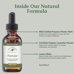 Native Remedies PureCalm lemon balm ingredient highlights soothing herbal blend.