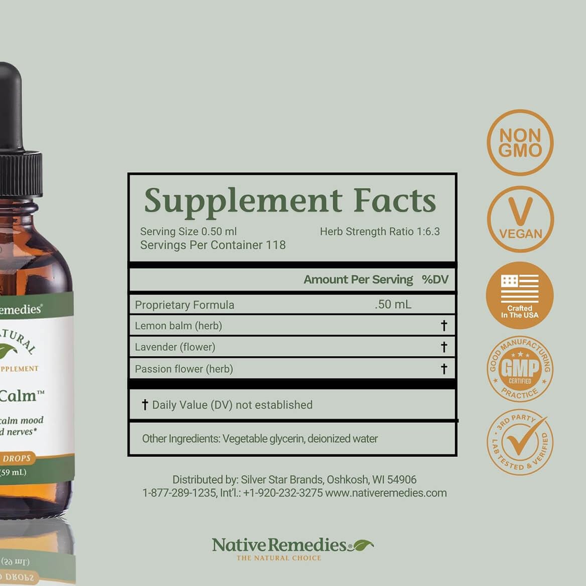 Native Remedies PureCalm tincture bottle label shows premium whole herb process.