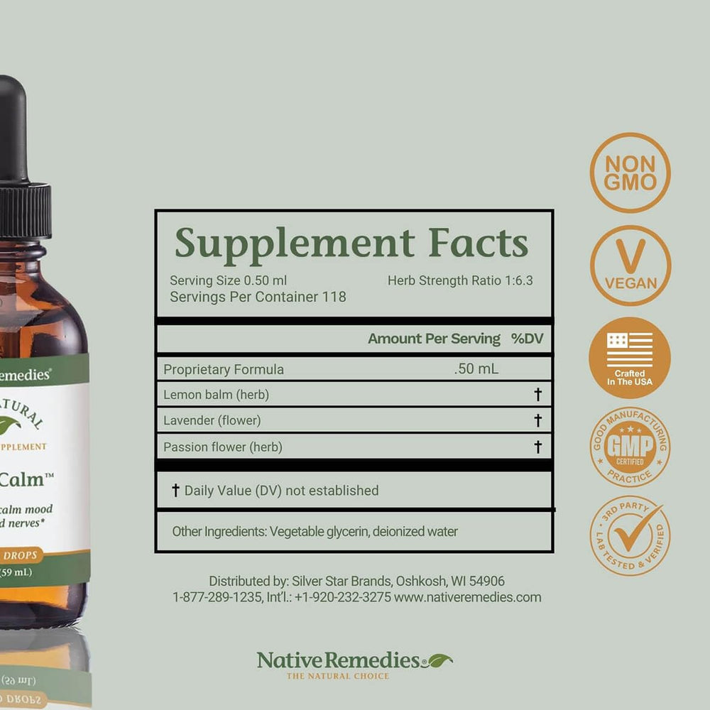 Native Remedies PureCalm tincture bottle label shows premium whole herb process.