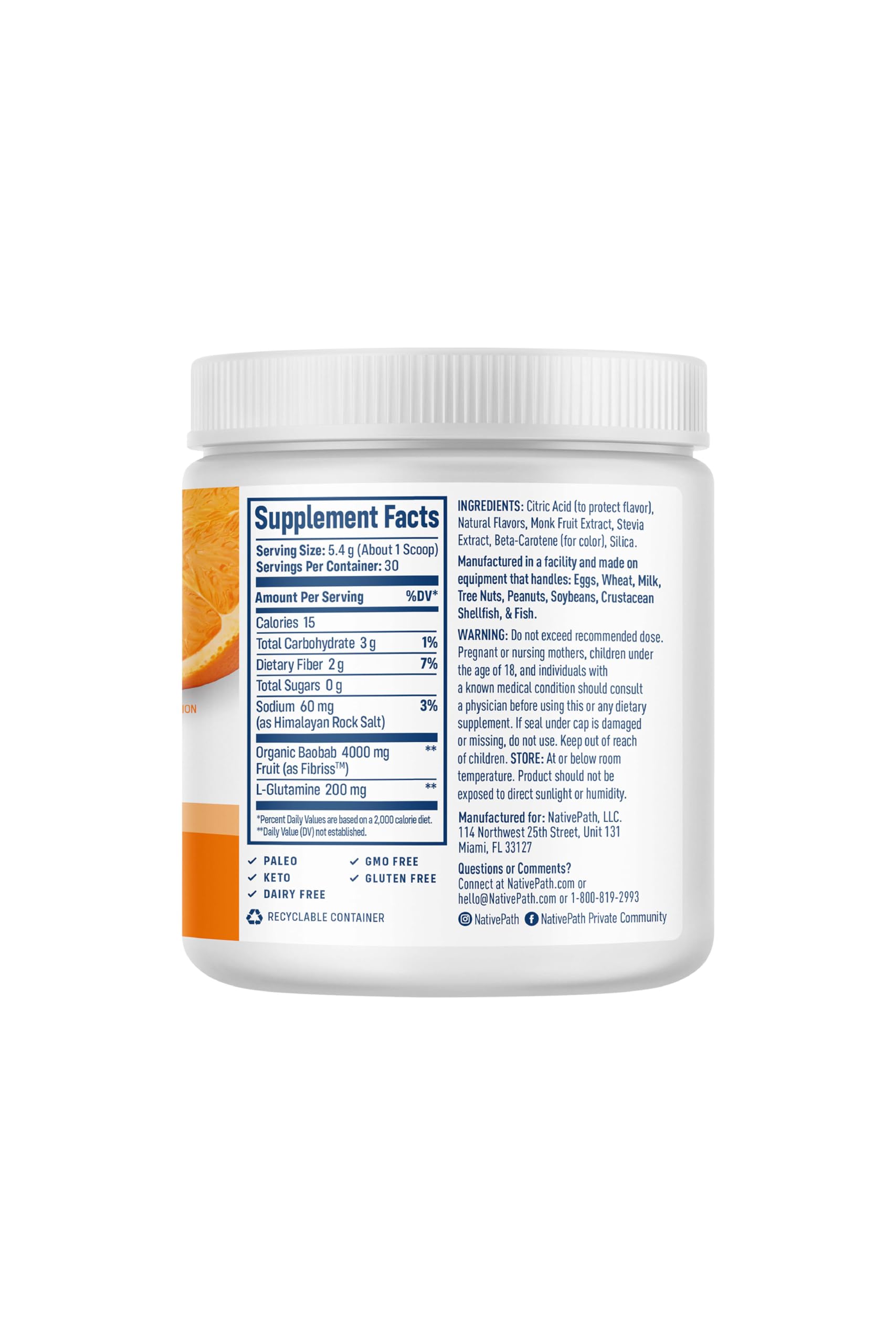 NativePath Baobab orange flavor dissolves in water for a refreshing sip.
