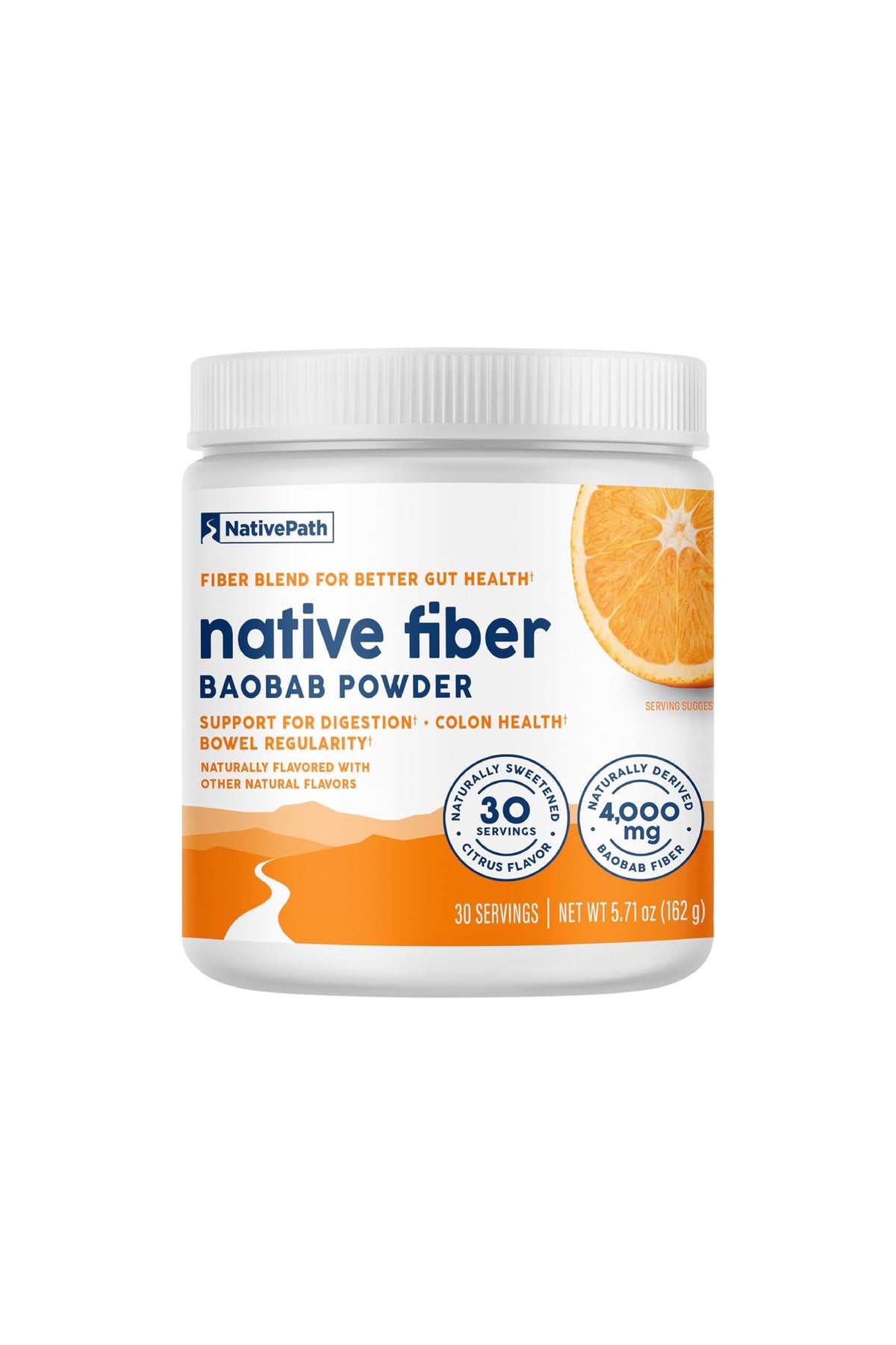 NativePath Baobab prebiotic fiber powder bottle pour for daily digestive support.