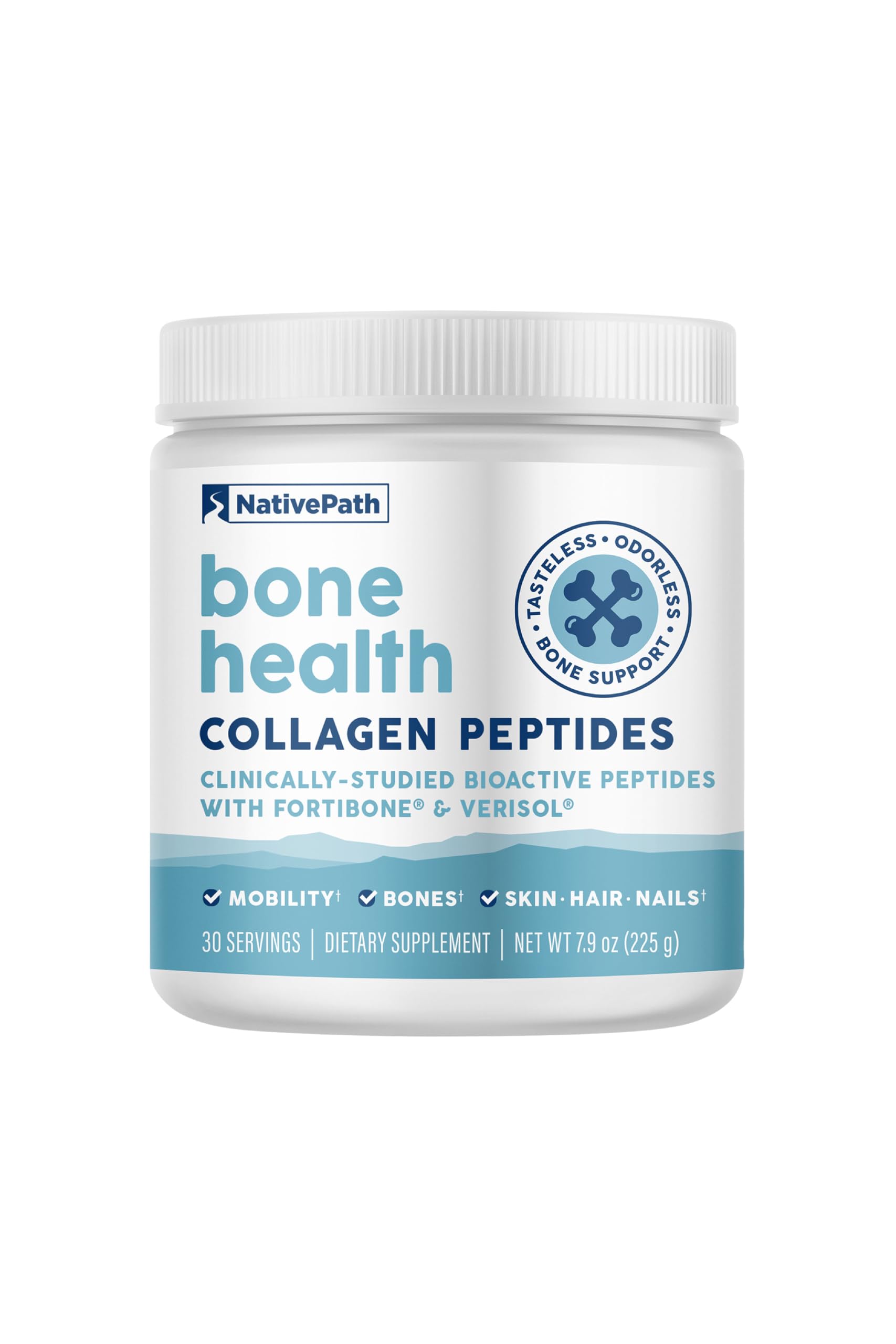 NativePath Bone Health Collagen bottle with Fortibone and Verisol for joint support.
