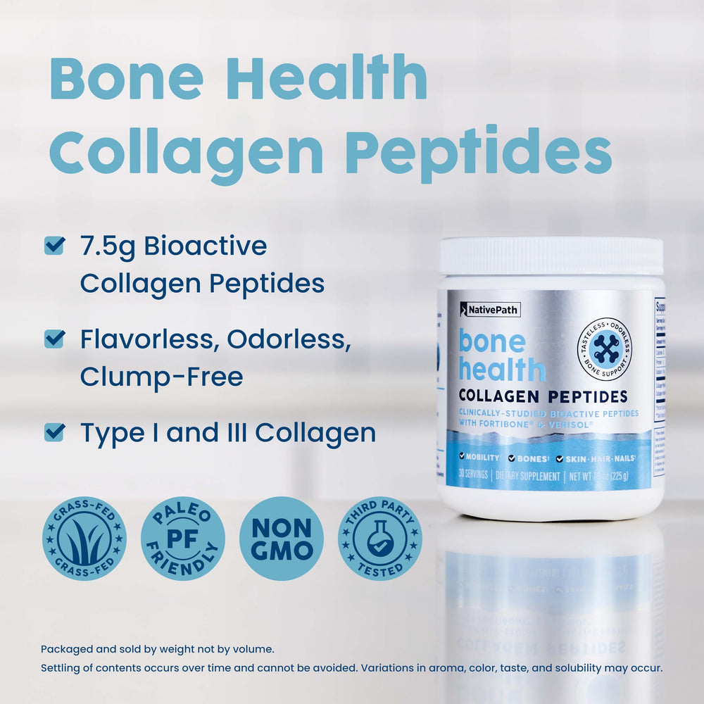 NativePath Bone Health Collagen label closeup showing two-ingredient formula.
