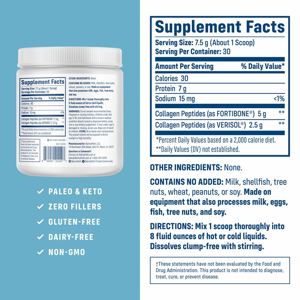 NativePath Bone Health Collagen scoop beside powder for daily use.