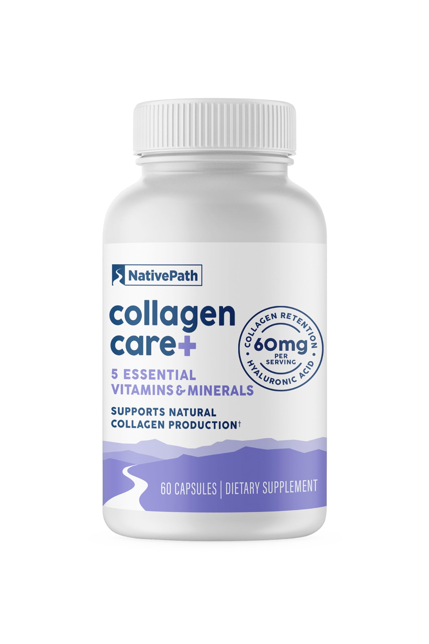 NativePath Collagen Care+ bottle on a counter, supporting skin hydration.