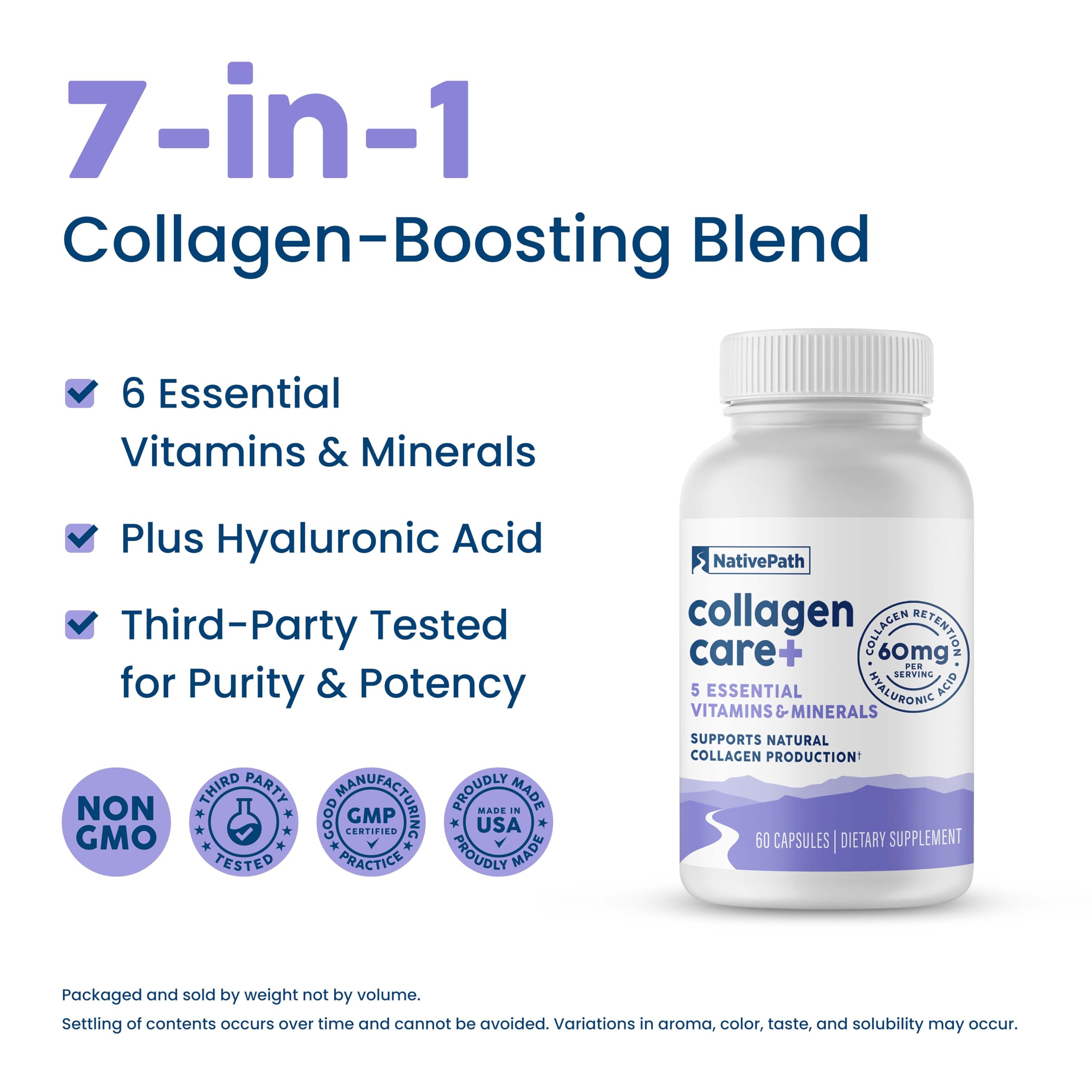 NativePath Collagen Care+ bottle beside a glass of water, convenient daily supplement.