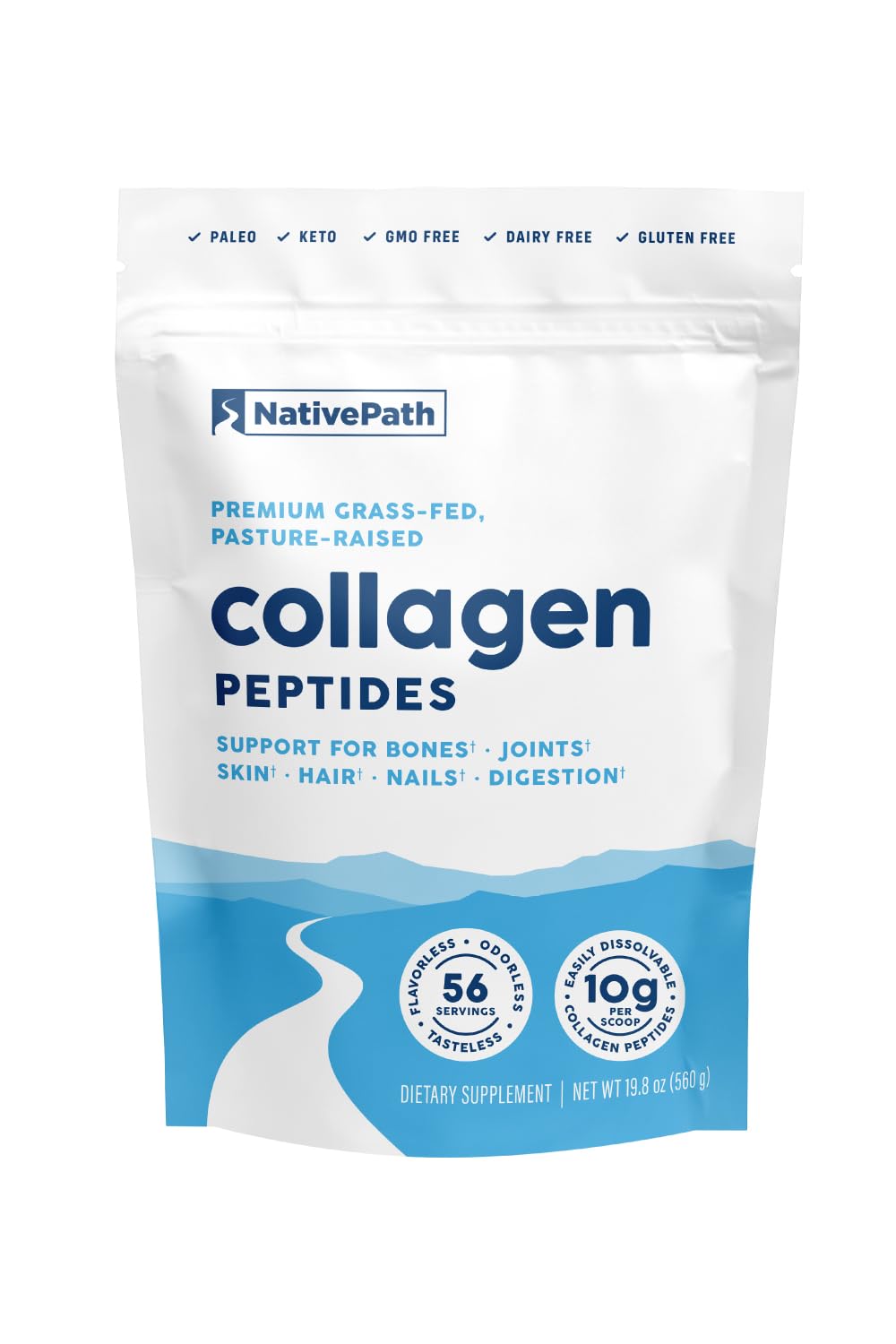 NativePath Collagen Peptides bottle pour highlighting purity and easy daily use.