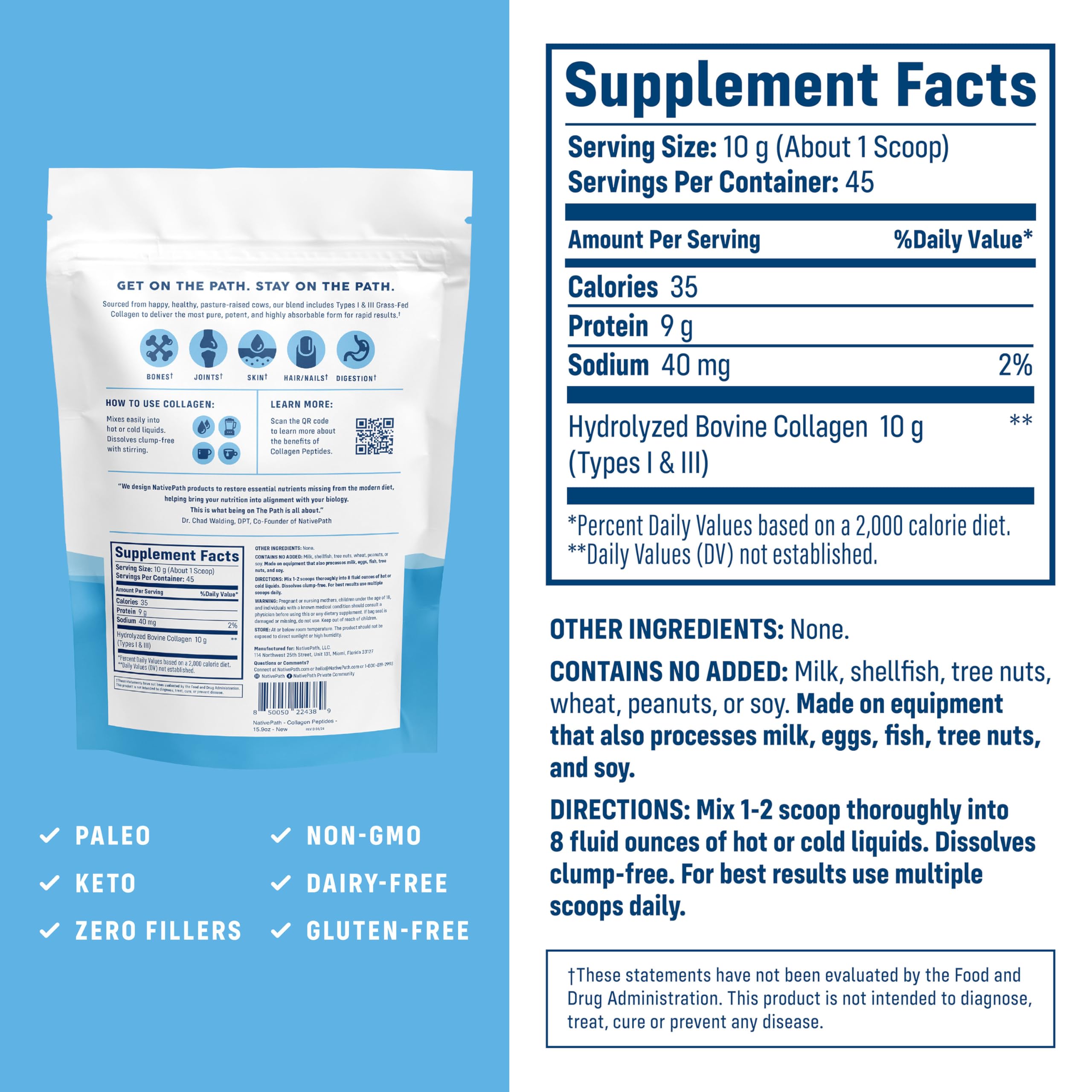NativePath collagen peptides powder closeup highlighting fine texture for easy mixing