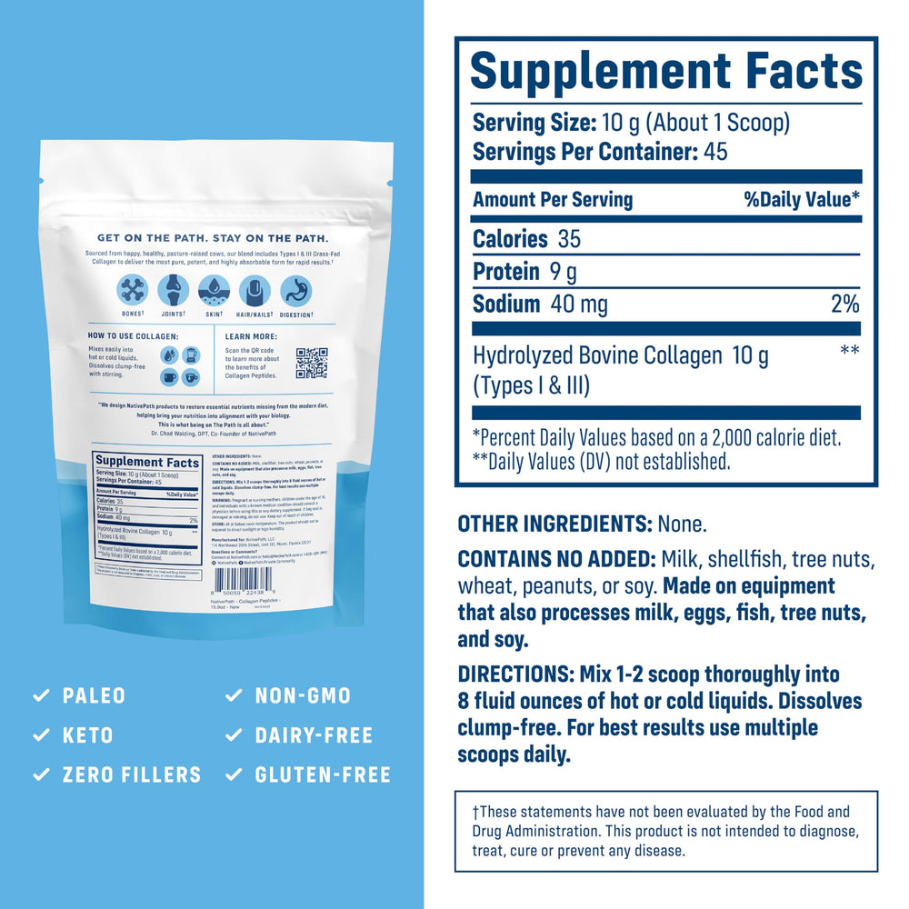 NativePath collagen peptides powder closeup highlighting fine texture for easy mixing