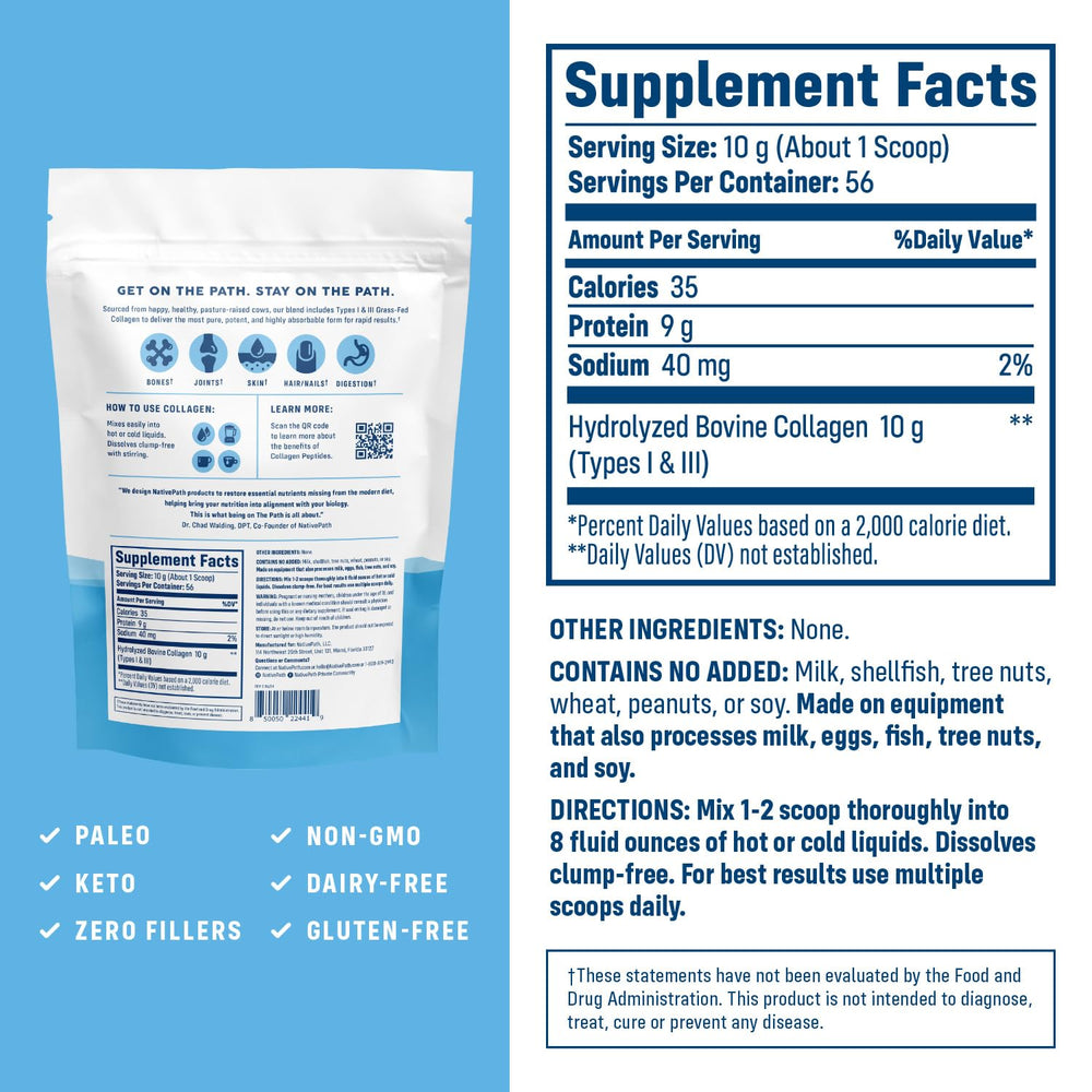 NativePath Collagen Peptides powder with scoop showing convenient serving size.
