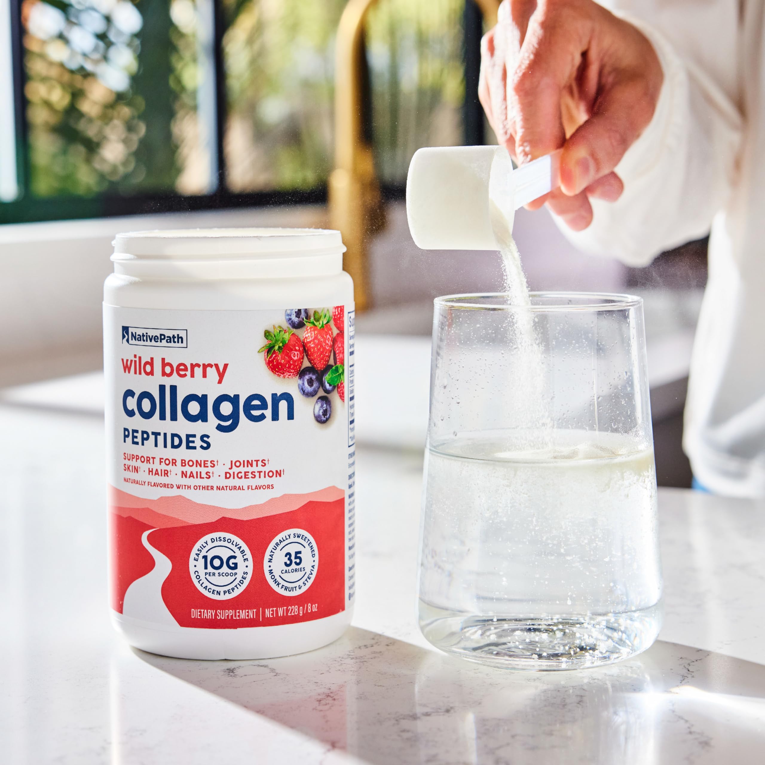 NativePath Collagen Peptides Wild Berry label close-up showing gluten and dairy free promise