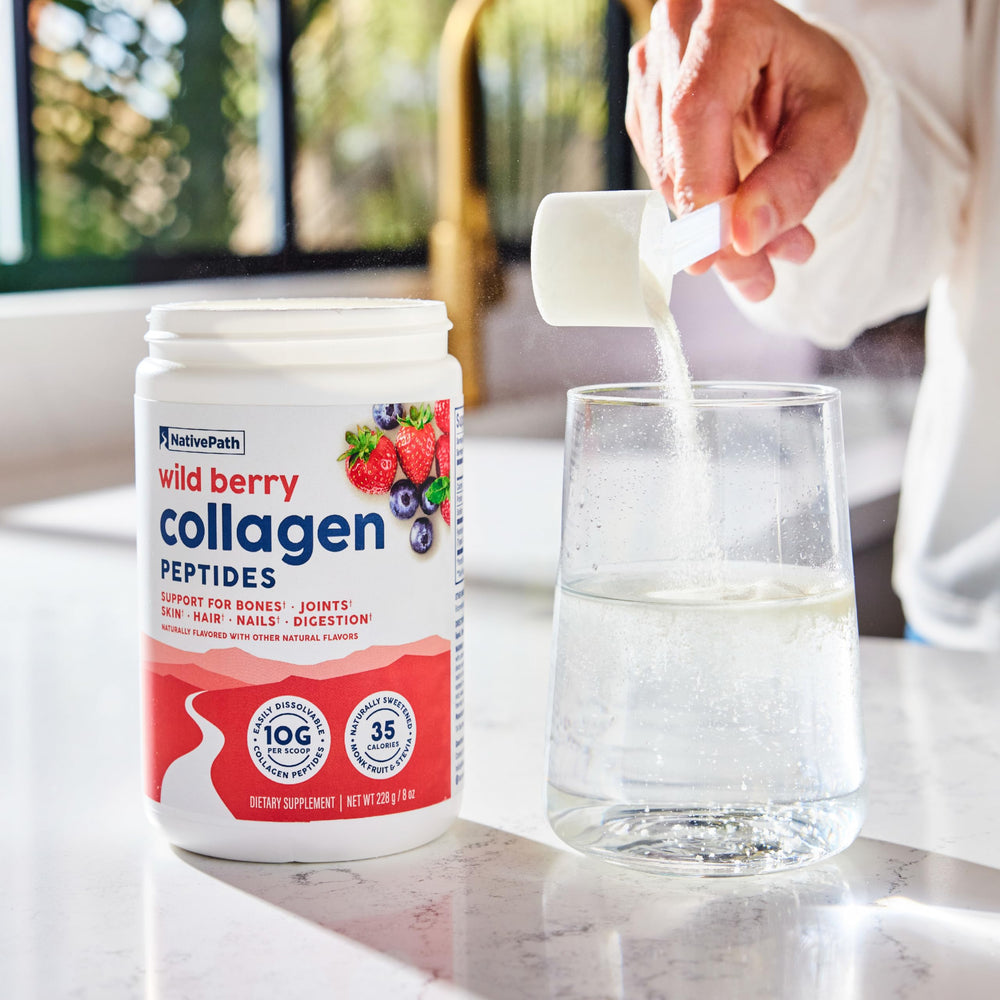 NativePath Collagen Peptides Wild Berry label close-up showing gluten and dairy free promise