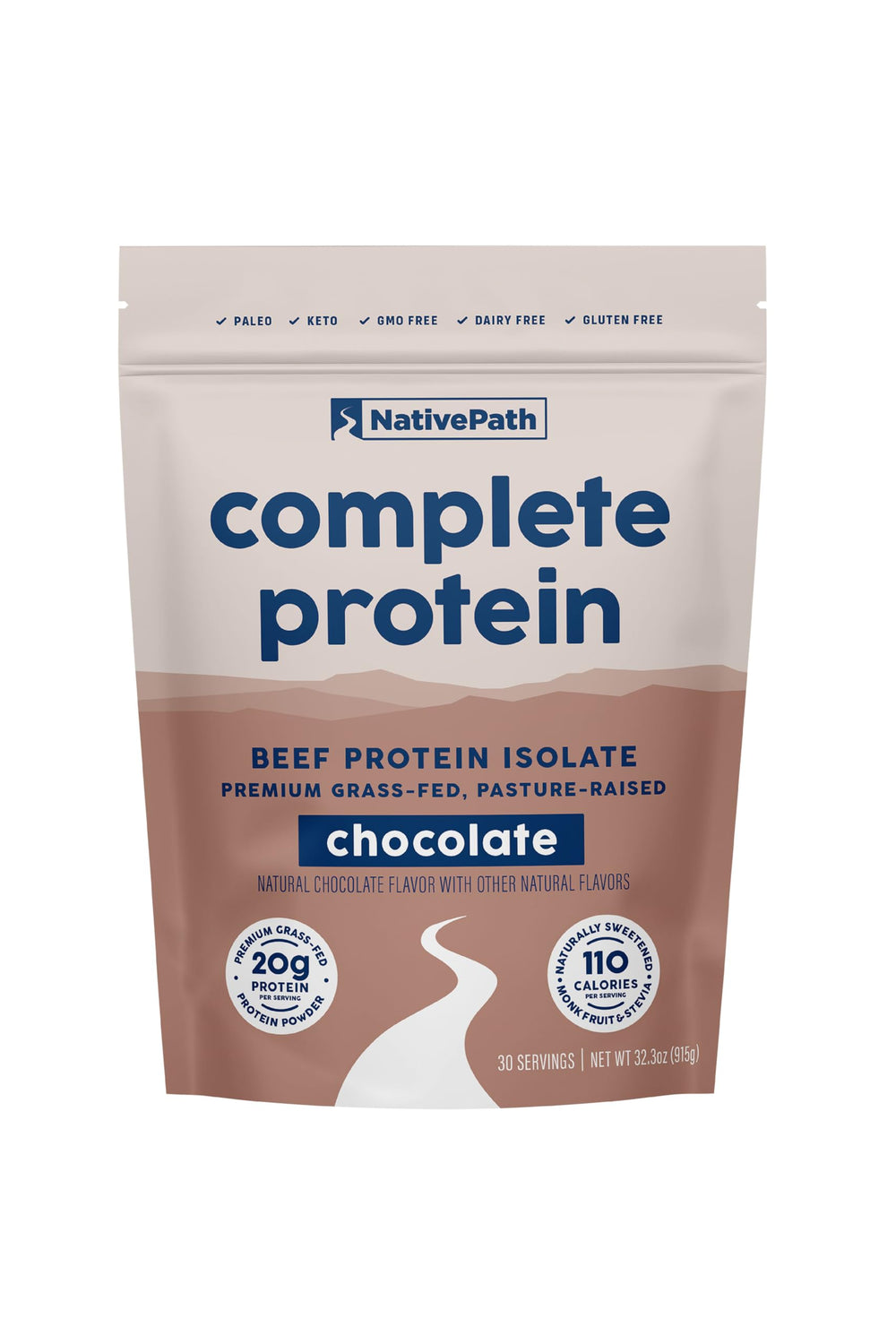 NativePath Complete Beef Protein Powder bottle with chocolate flavor designed for post-workout shakes