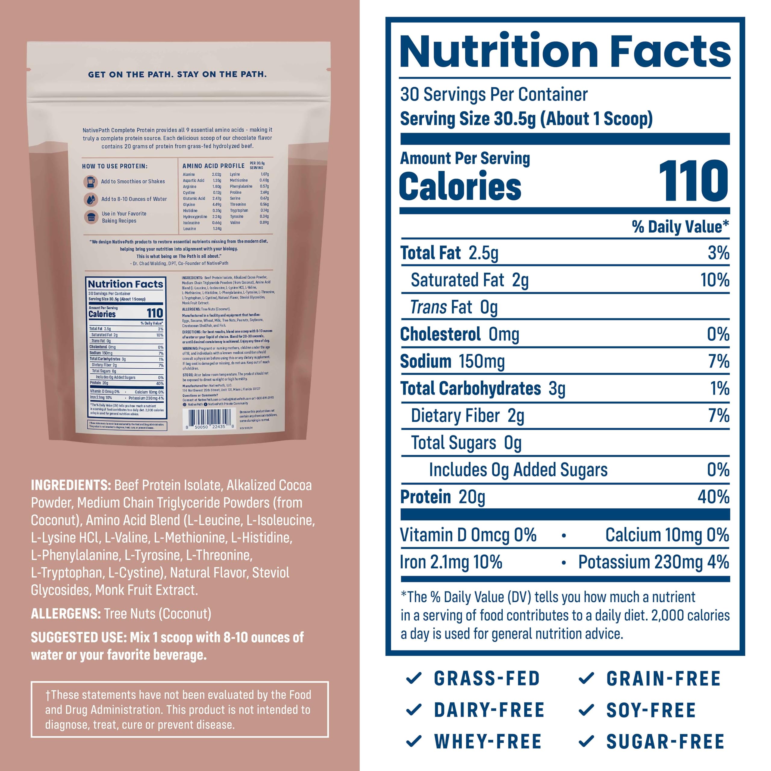NativePath beef protein powder scoop beside label highlighting 20g protein per serving