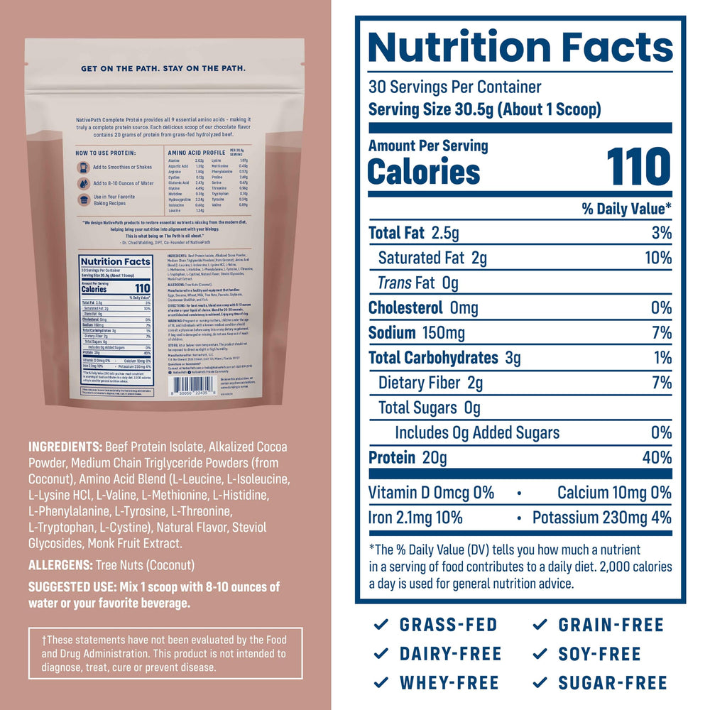 NativePath beef protein powder scoop beside label highlighting 20g protein per serving