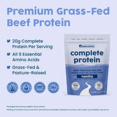 NativePath complete beef protein tub on kitchen counter showing ingredients.