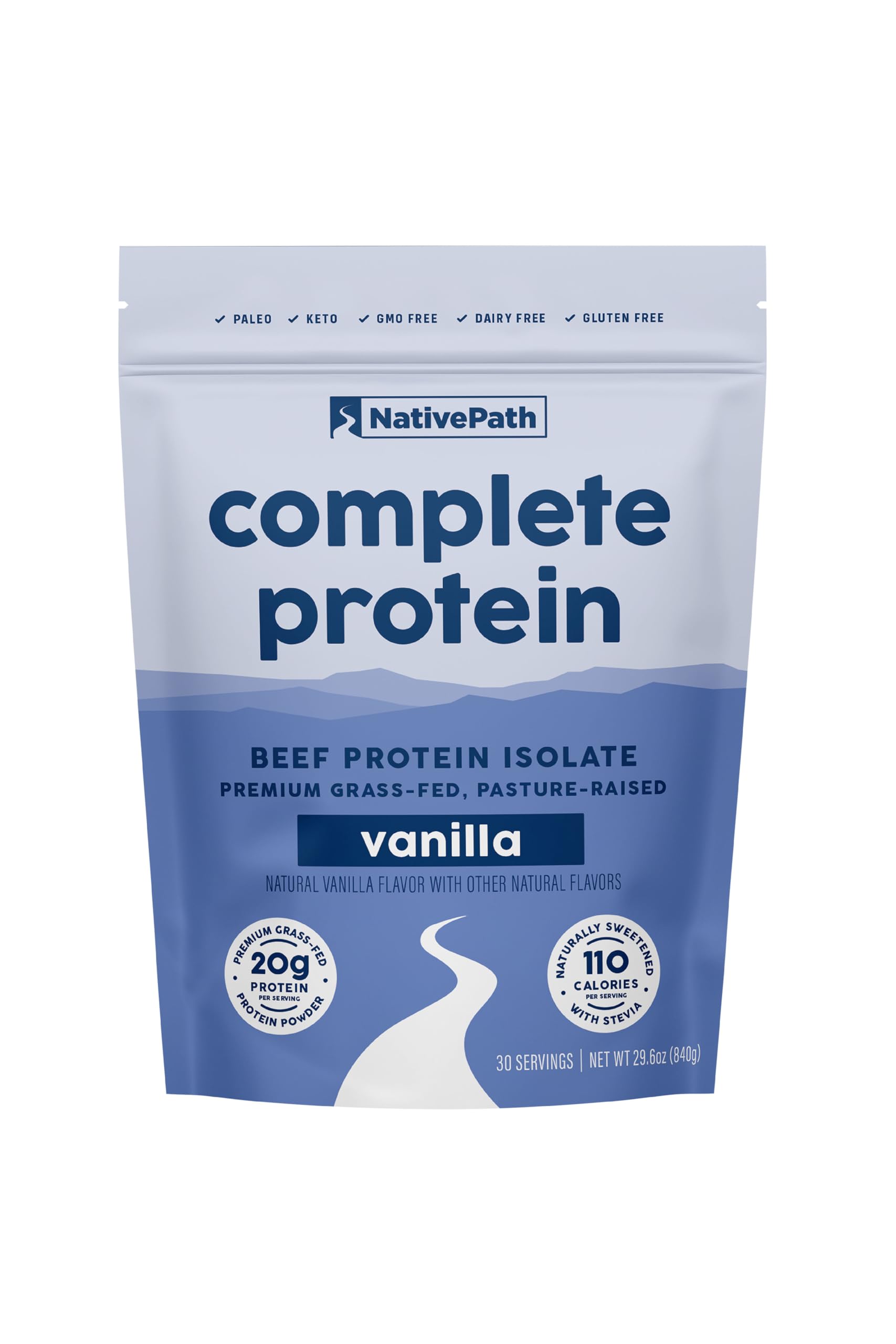 NativePath complete beef protein powder tub vanilla for post-workout recovery.