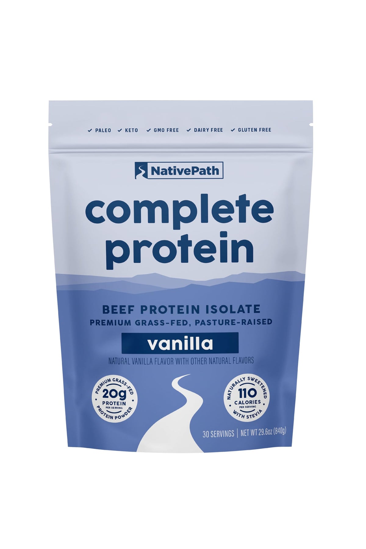 NativePath complete beef protein powder tub vanilla for post-workout recovery.
